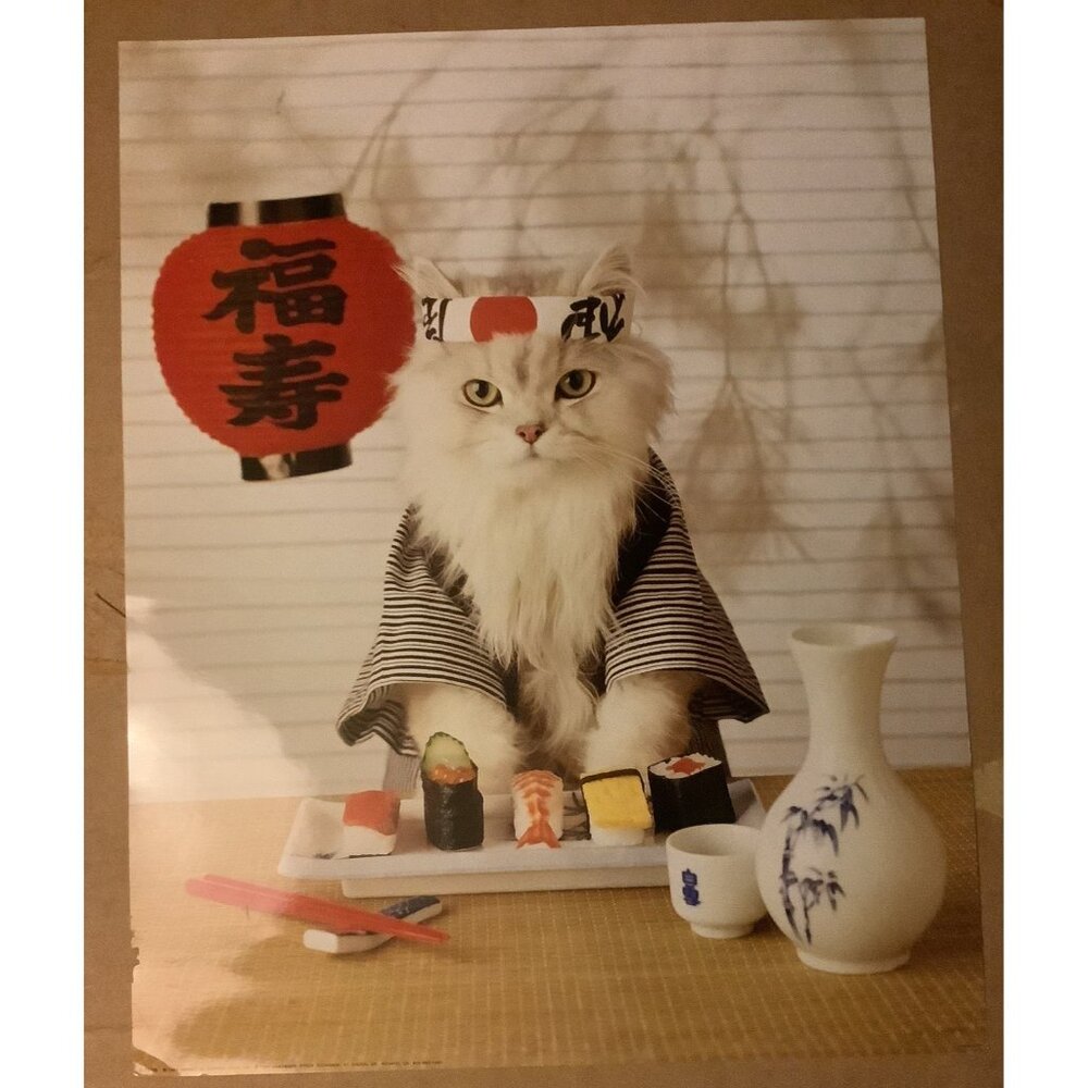Sushi Cat Wall Decor Japanese Cute Funny Kitten Art Print Poster 16x20 Vtg 1989